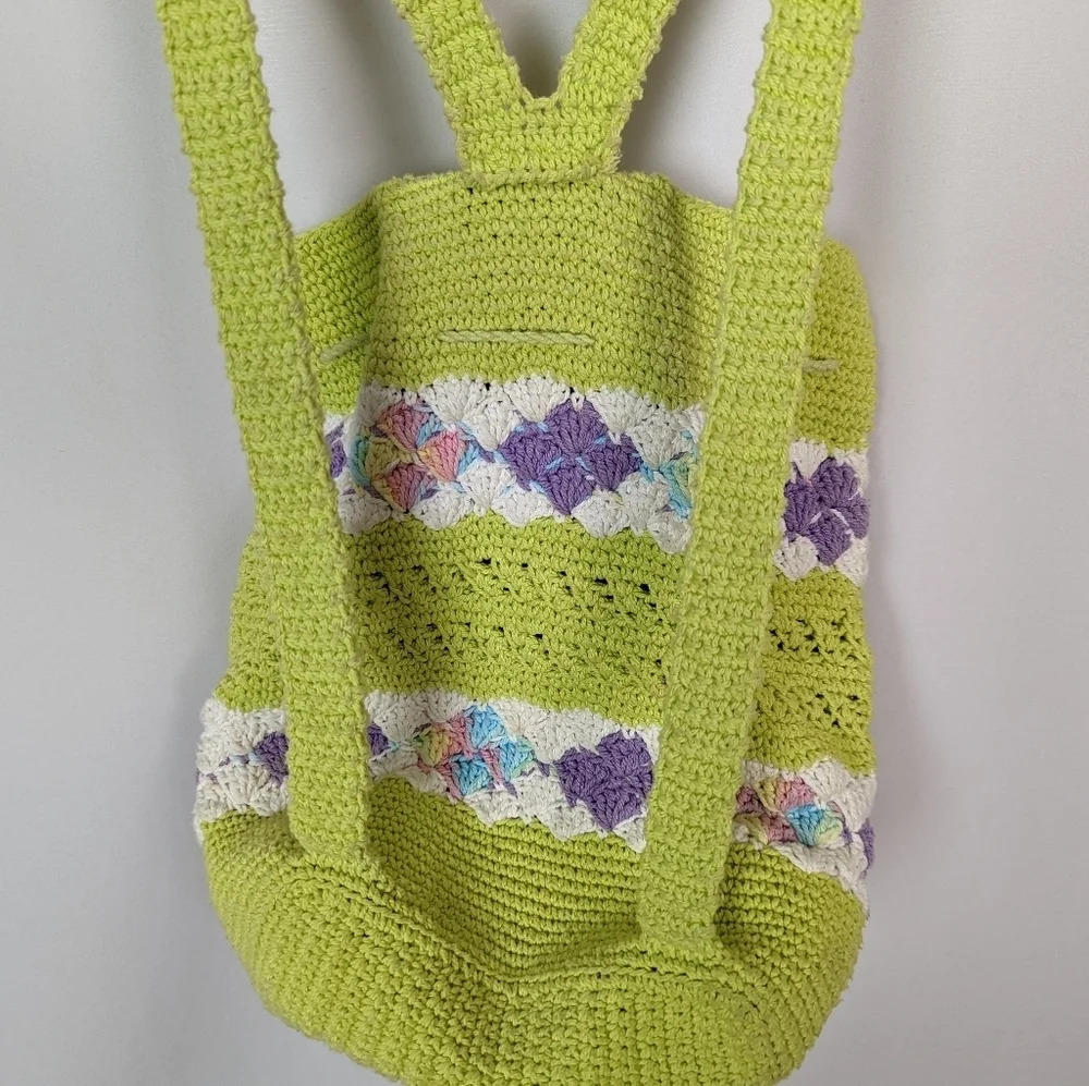 Handmade Crochet Knit Mini Backpack Bag Colorful Floral Bohemian Hippie 70s - Picture 8 of 11